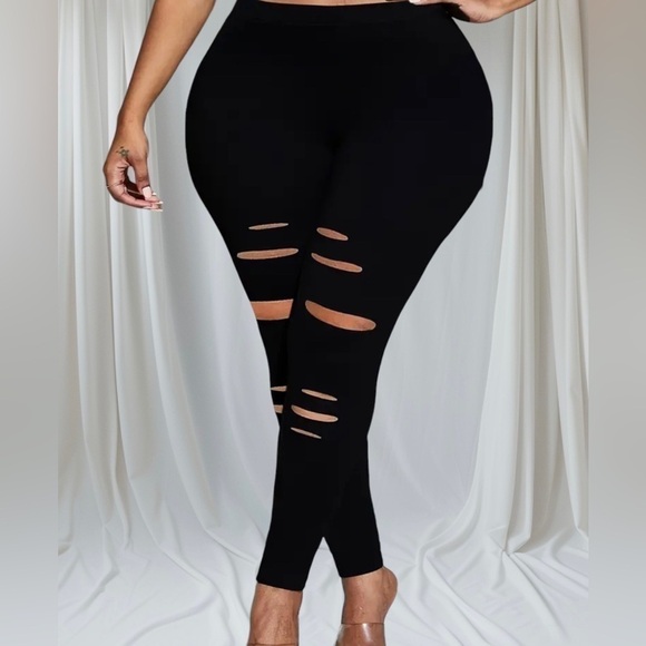 NWT Plus Size Solid Color Ripped Skinny Leggings, Casual Stretchy Leggings Women - Picture 2 of 5